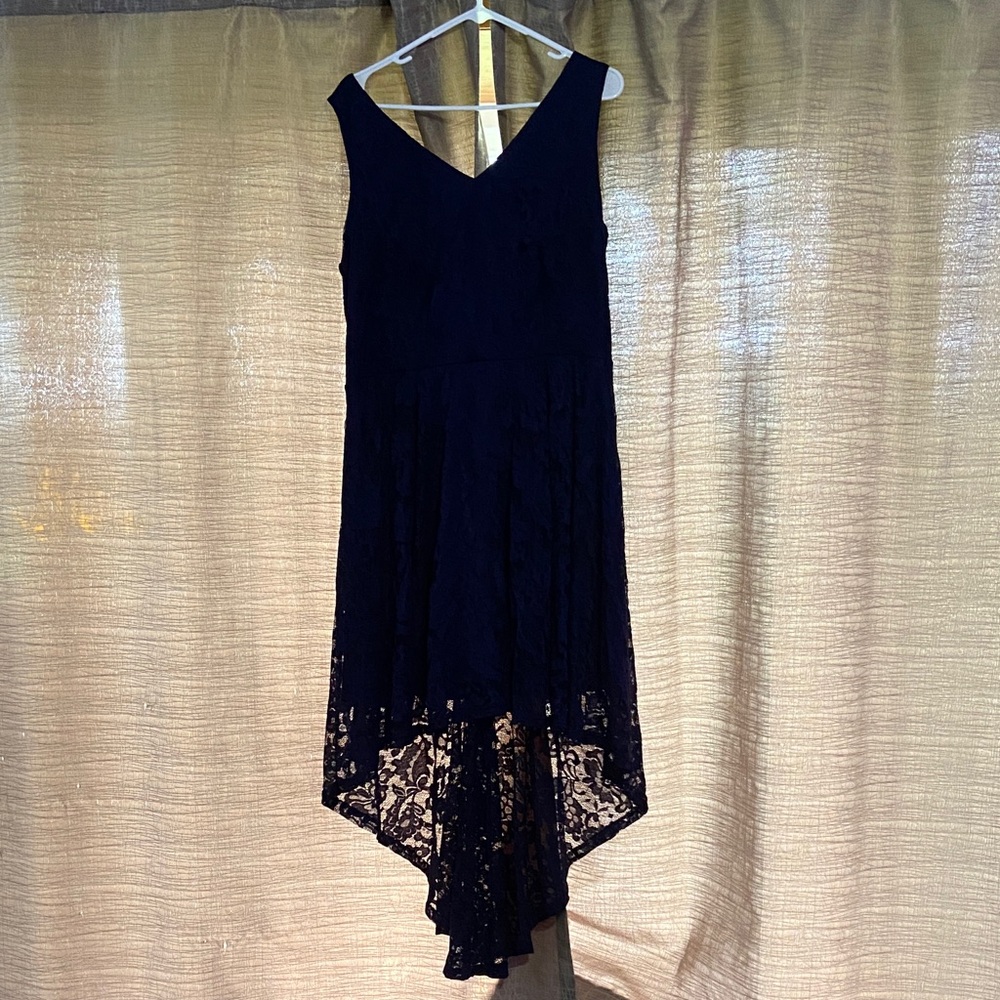Elegant Navy Blue Lace High-Low Dress